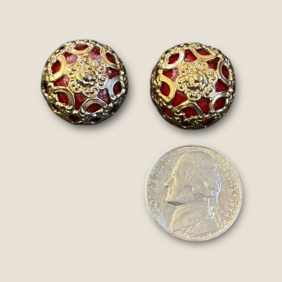 Vintage Estate Red & Gold Enamel Earrings With Floral Design - Picture 3 of 4